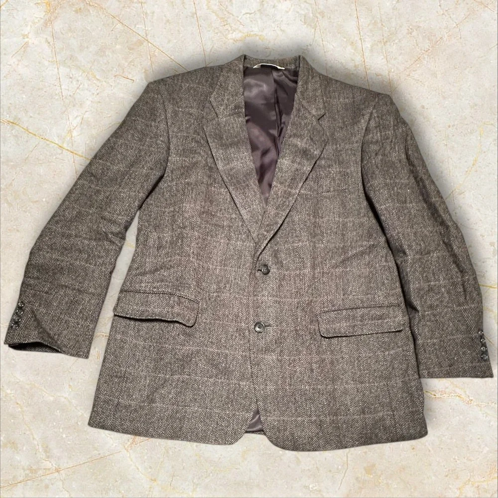 Vintage Brown‎ Herringbone Wool Blazer Union USA Made Classic Mens Sport Coat